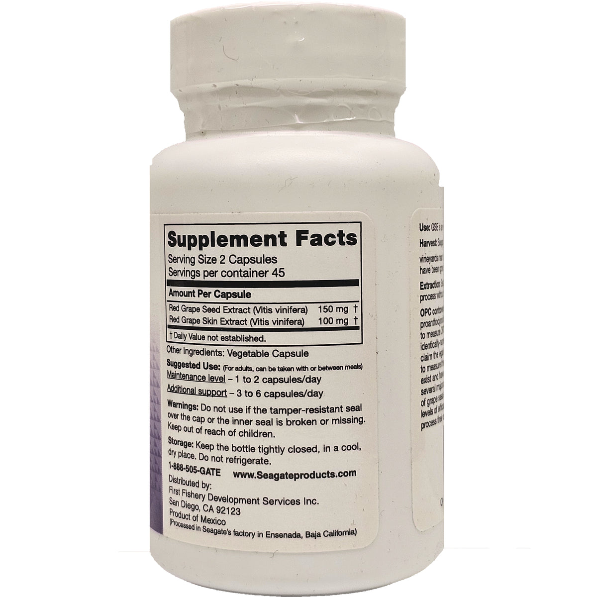 SEG004 | Back label showing Supplement Facts, serving size, ingredients, warnings and storage on white supplement bottle