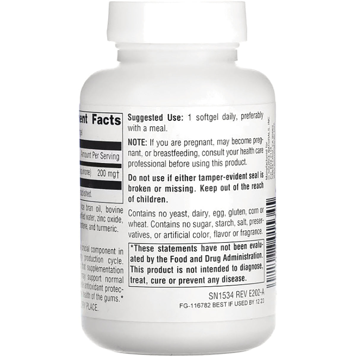 SN641 | Supplement bottle back label with Supplement Facts, suggested use, warnings, and barcode