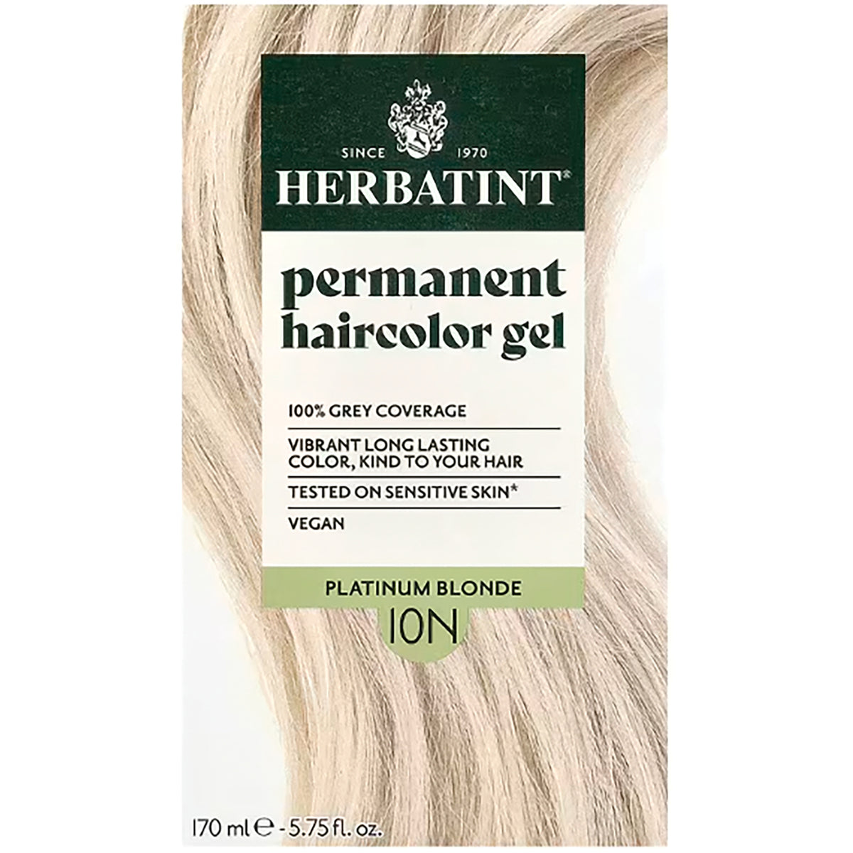 HBT013 | Herbatint permanent haircolor gel 10N Platinum Blonde box front showing product name, 100% grey cover
