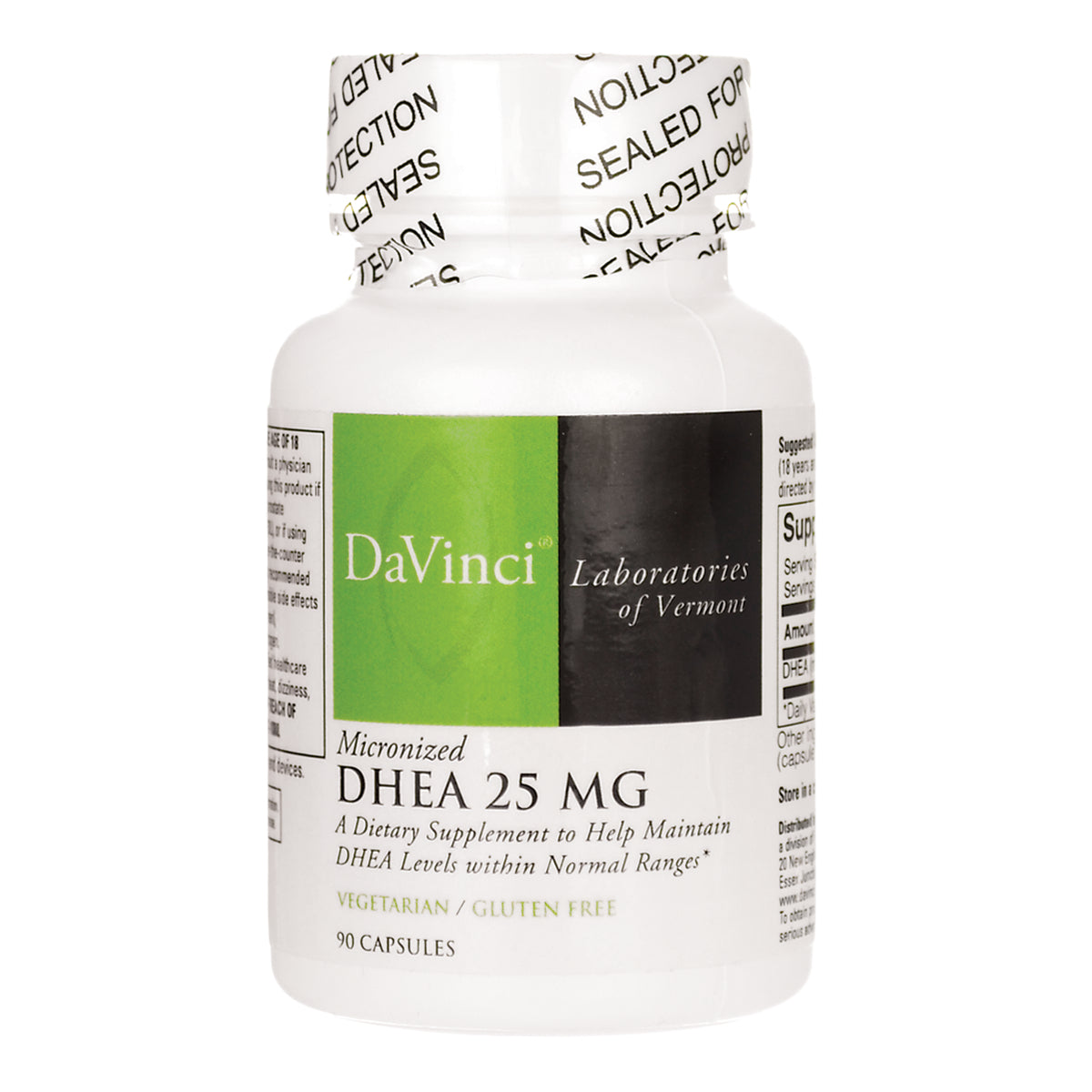 DVL015 | DaVinci Laboratories DHEA 25 MG white supplement bottle with green and black label, 90 capsules