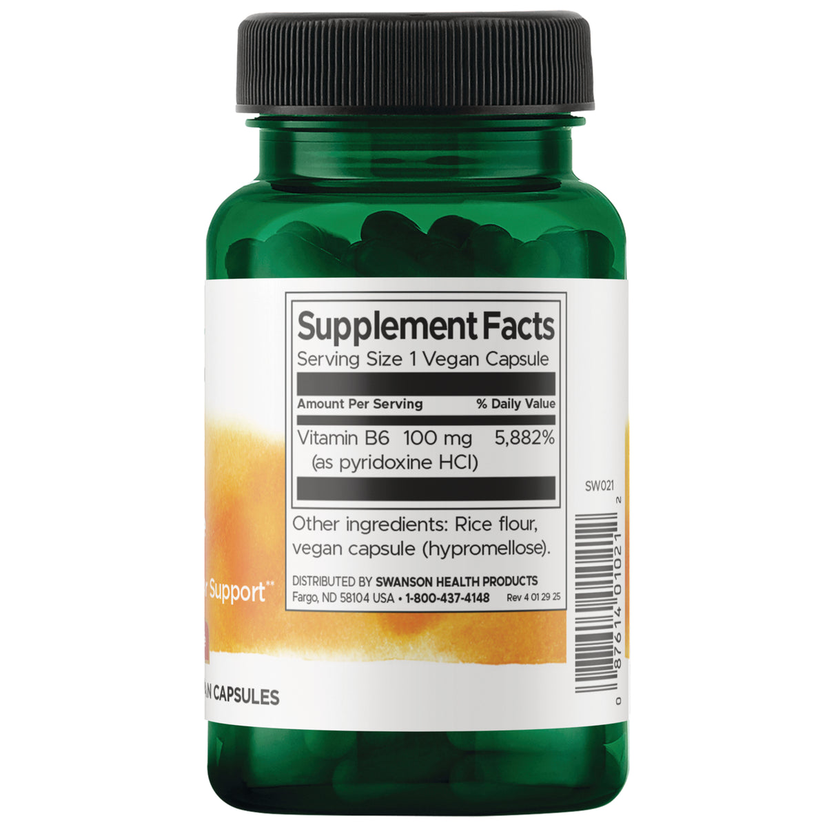 SW021 | Back label with Supplement Facts: serving size 1 vegan capsule; Vitamin B6 100 mg; other ingredients listed