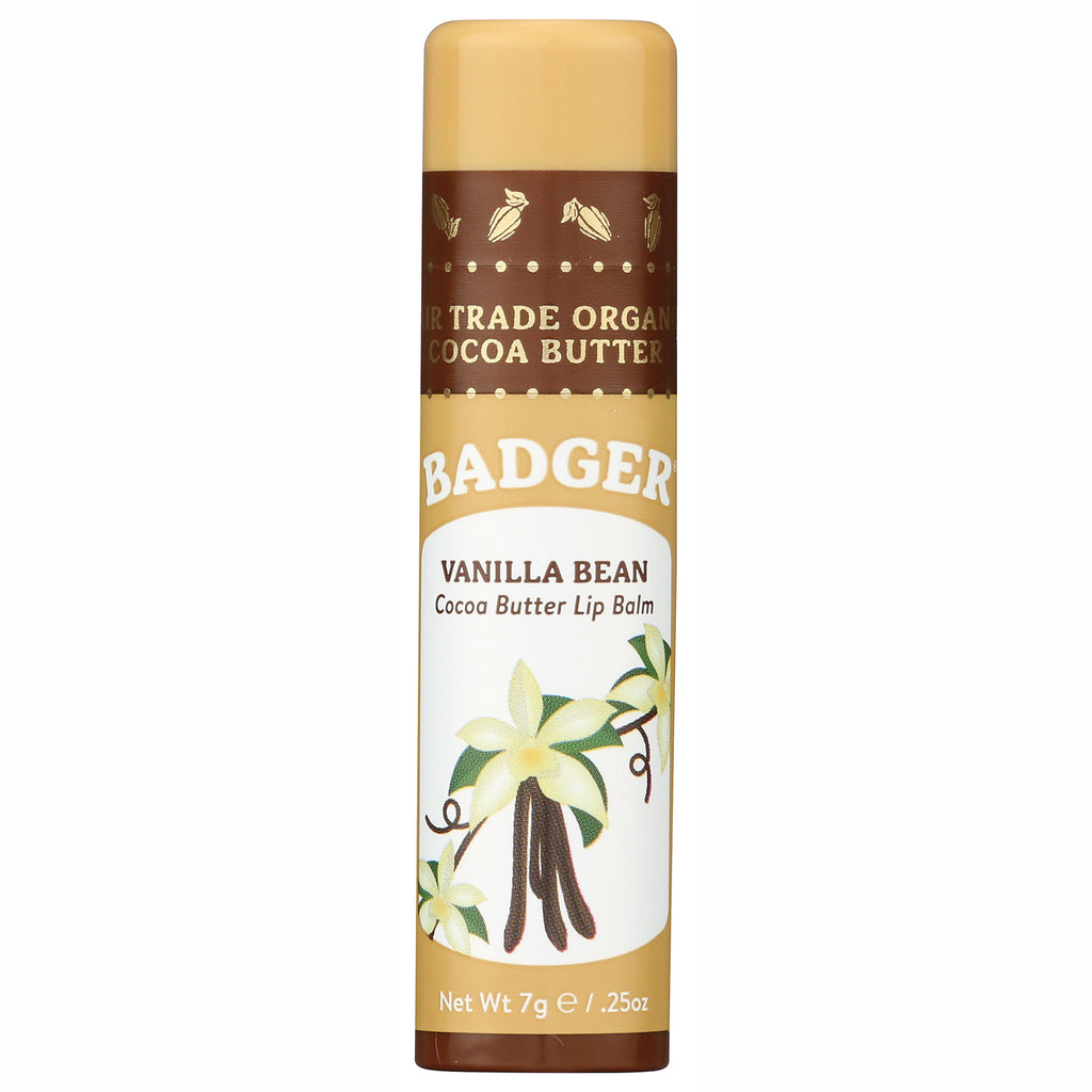 BAD004 | Badger Vanilla Bean cocoa butter lip balm tube front with vanilla flower illustration - Thumbnail