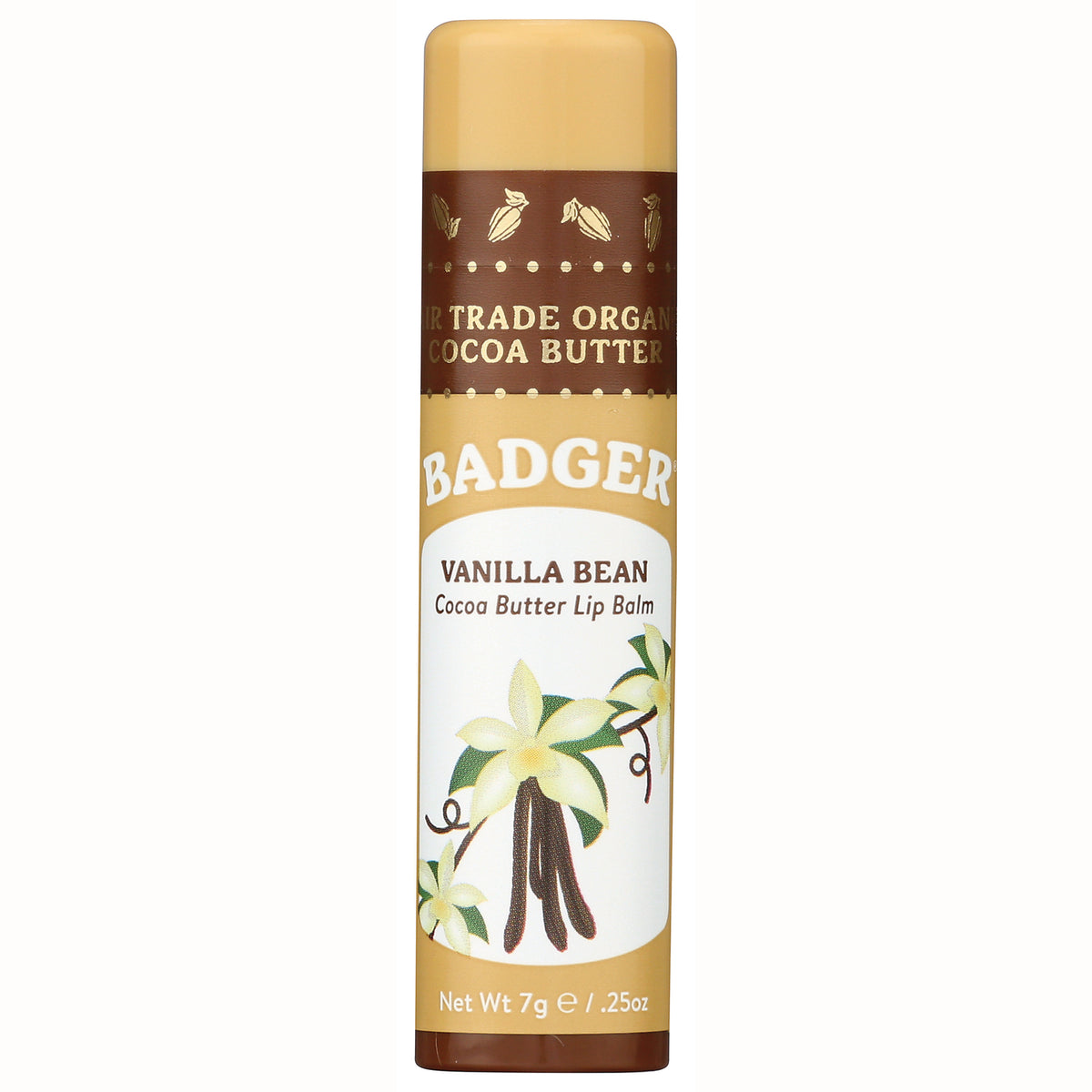 BAD004 | Badger Vanilla Bean cocoa butter lip balm tube front with vanilla flower illustration