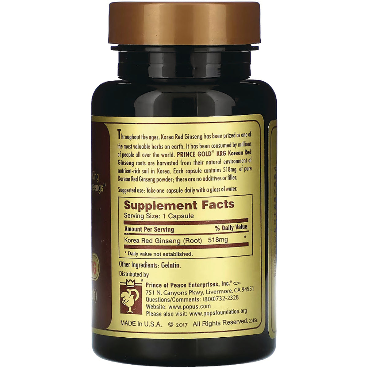POP011 | back label showing Supplement Facts for Korea Red Ginseng 518 mg per capsule and distributor info