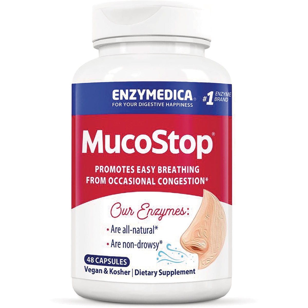 EMD017 | MucoStop supplement bottle front with Enzymedica label, 48 capsules, promotes easy breathing