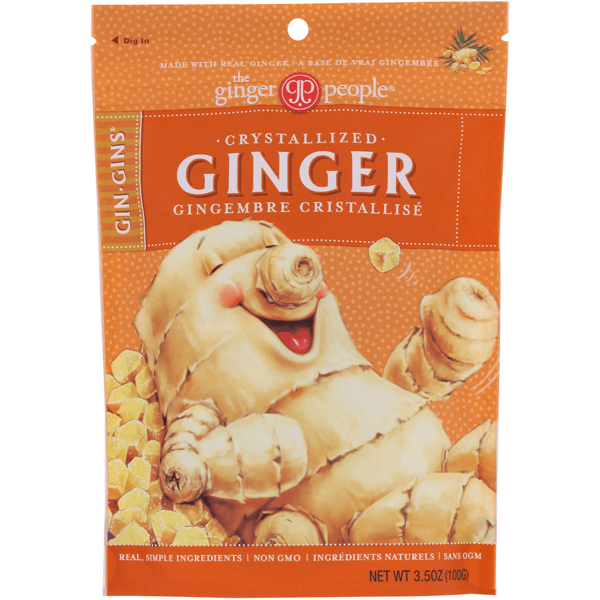 GPE005 | Front pouch of The Ginger People crystallized ginger with smiling ginger root illustration and net wt 3.5 oz