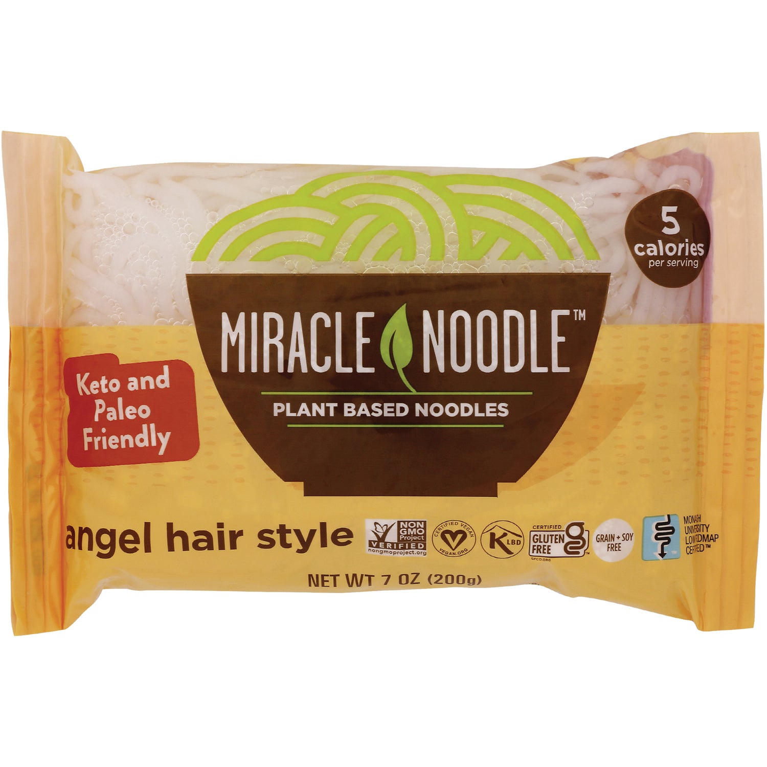 MIR001 | Miracle Noodle plant based angel hair style noodles 7 oz package, 5 calories per serving