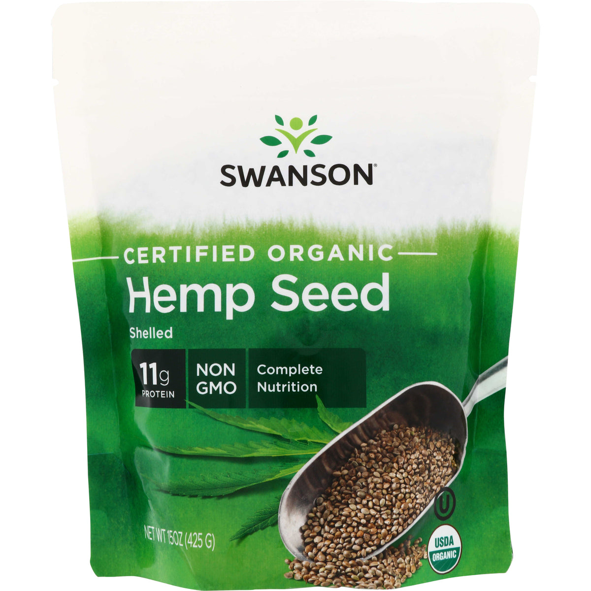 SWF119 | Swanson Certified Organic Hemp Seed shelled pouch, front of pack with 11g protein, Non GMO, USDA Organic