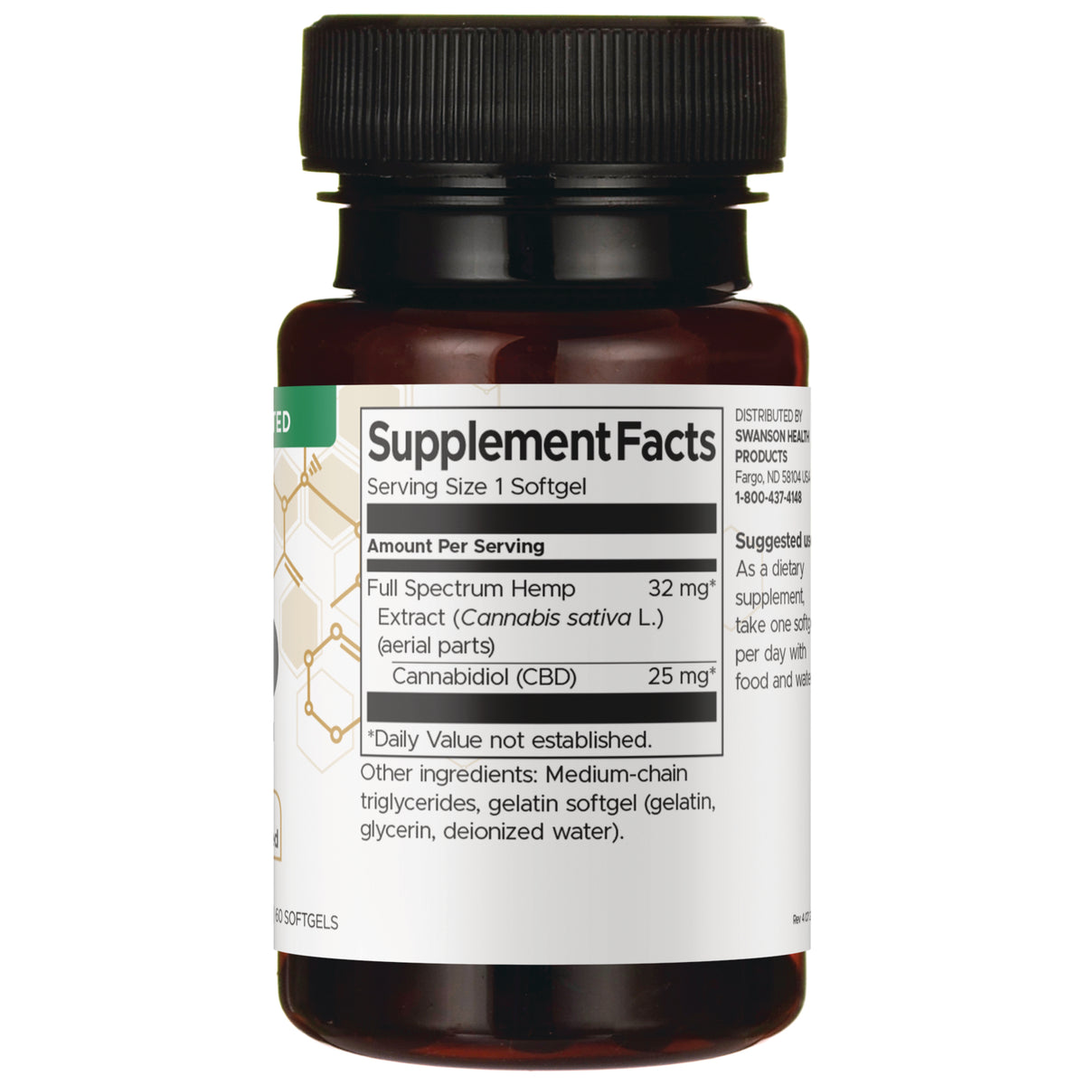 SW1865 | Back label with Supplement Facts for hemp softgels; Cannabidiol (CBD) 25 mg per softgel