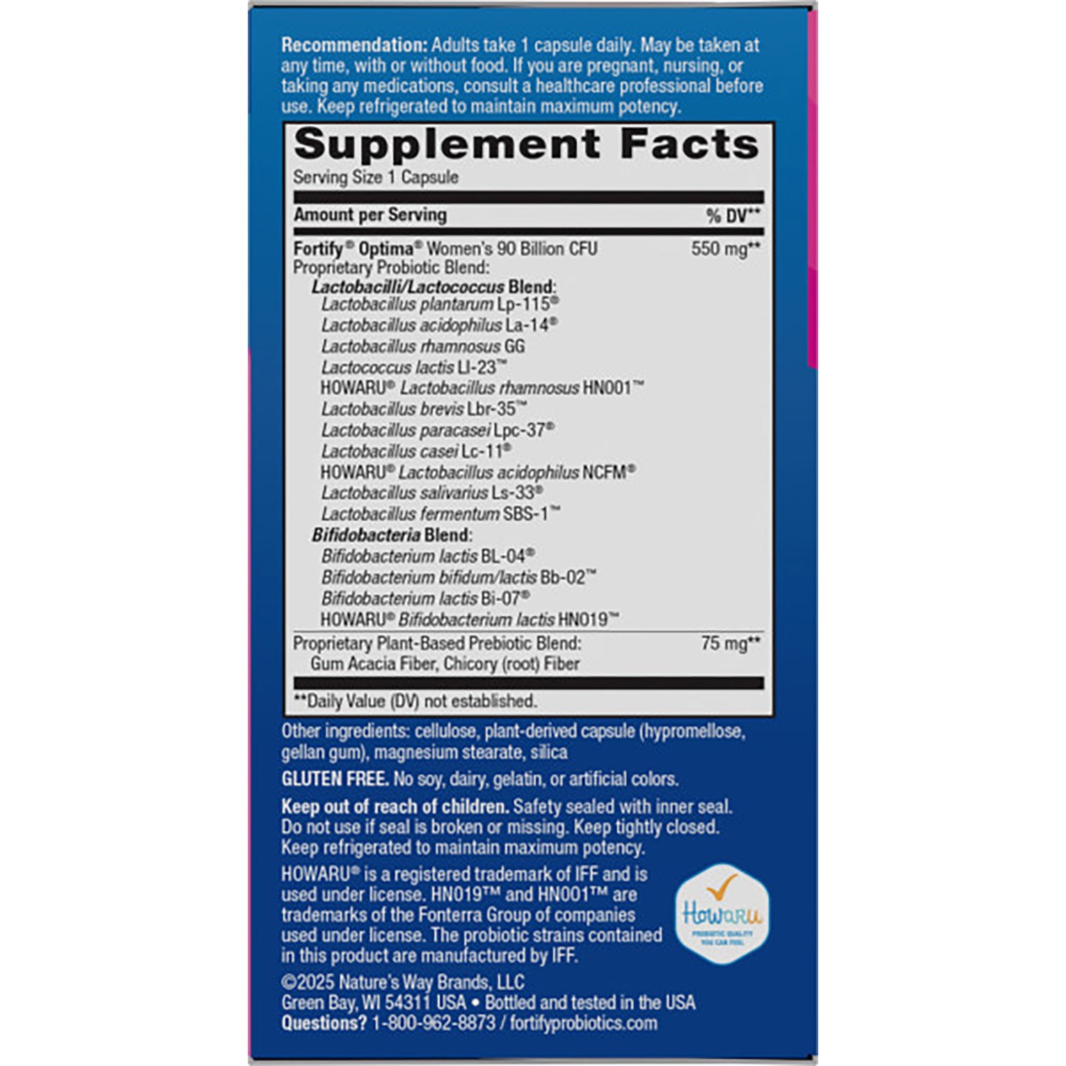 NW853 | Back panel showing Supplement Facts with probiotic blends, serving size, other ingredients and storage instructions
