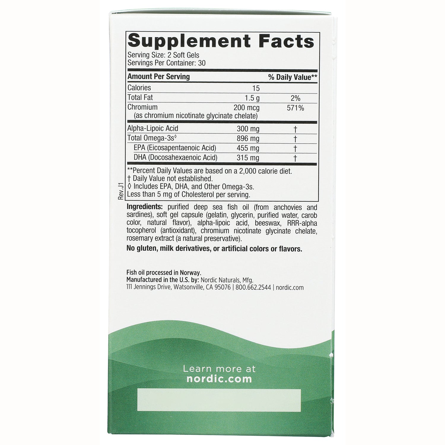 NRN109 | back panel showing Supplement Facts and ingredients for fish oil soft gels