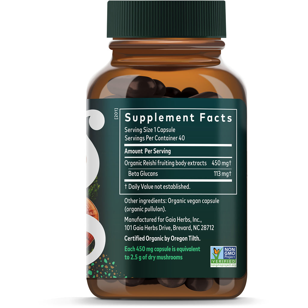 GH149 | back panel showing Supplement Facts, organic Reishi ingredients, and suggested use for capsules - Thumbnail