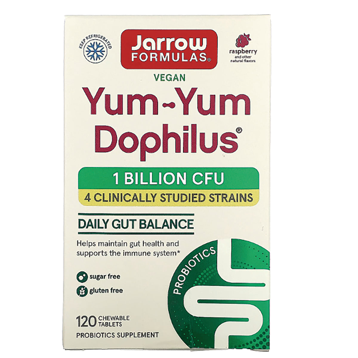 JR351 | Jarrow Formulas Yum-Yum Dophilus probiotic box front showing 1 billion CFU, vegan, 120 chewable tablets