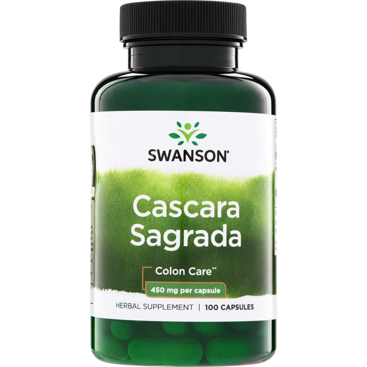 SW477 | Swanson Cascara Sagrada herbal colon care supplement, 450 mg per capsule, 100 capsules bottle