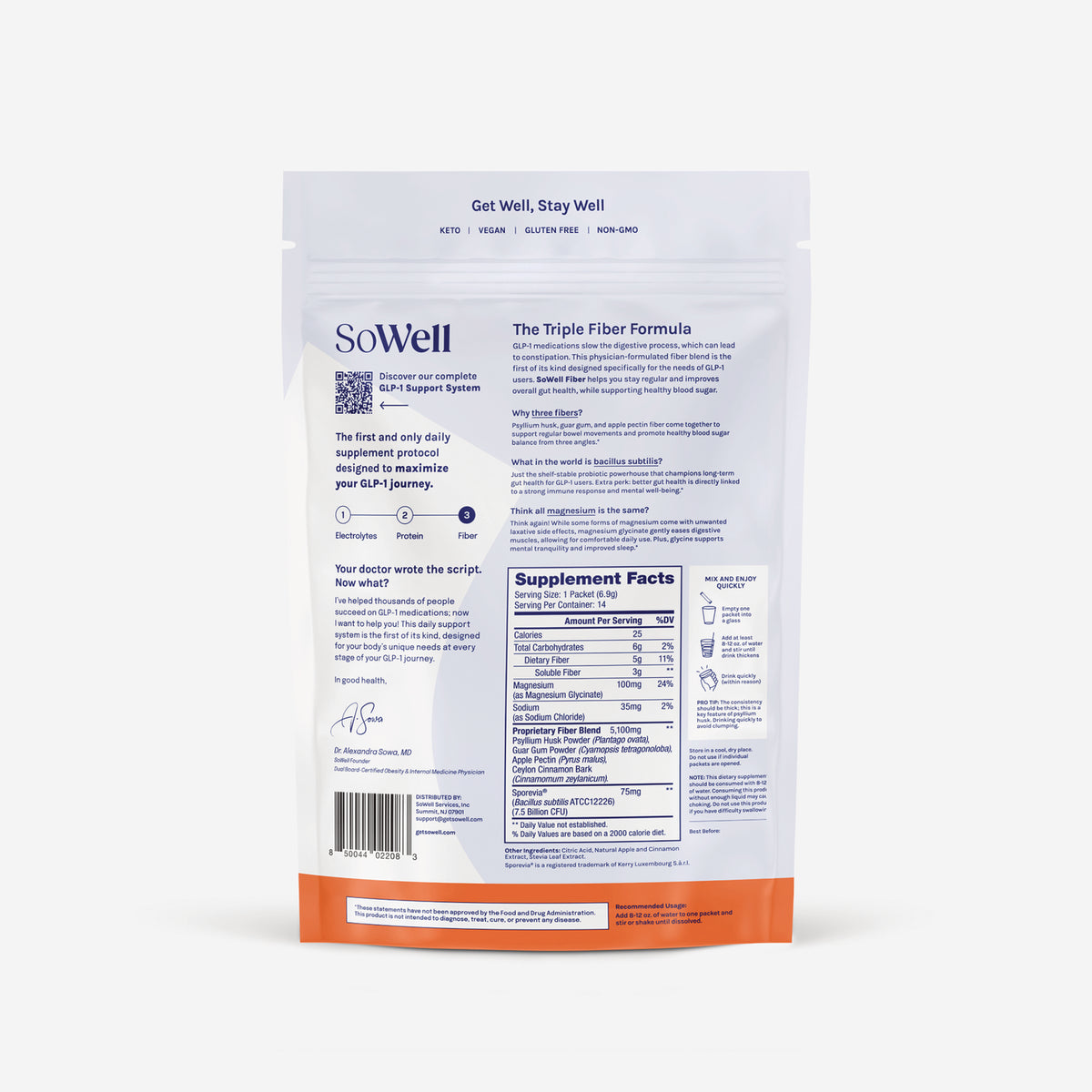 SOW003 | SoWell Triple Fiber Formula back label with Supplement Facts, ingredients, directions, and QR code