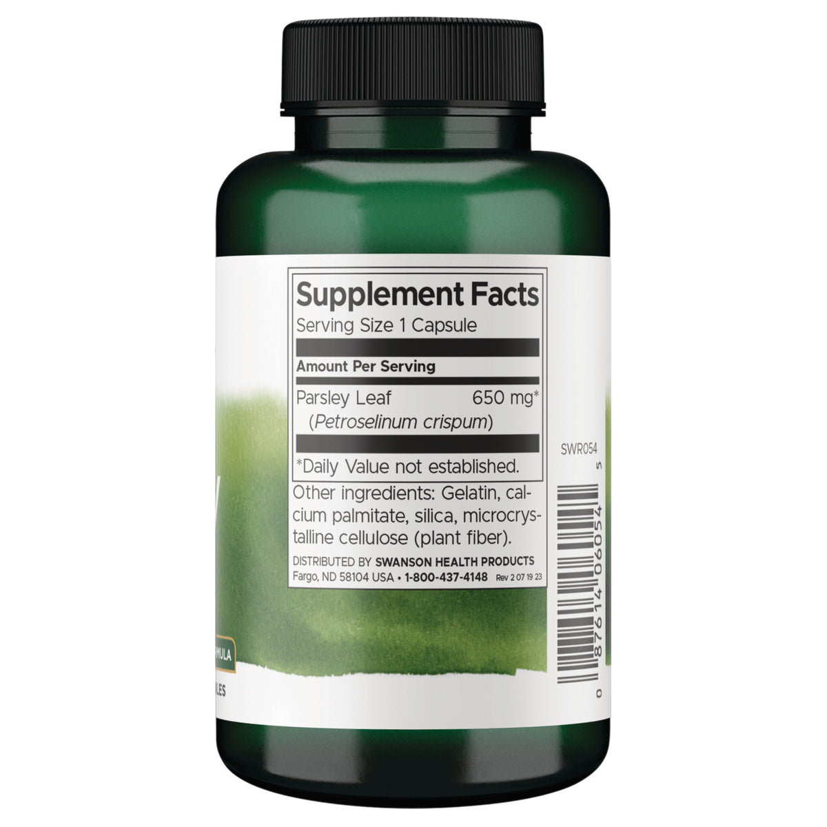 SWR054 | Back label showing Supplement Facts: Serving Size 1 Capsule; Parsley Leaf 650 mg