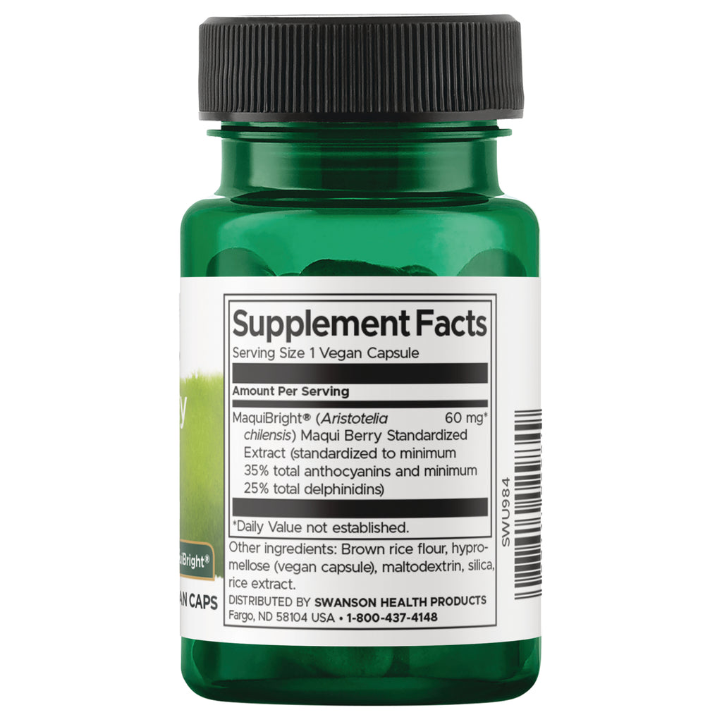 SWU984 | Back label with Supplement Facts for MaquiBright Maqui Berry standardized extract 60 mg || SWU984 | Supplement Facts panel for MaquiBright maqui berry extract, 1 vegan capsule, 60 mg - Thumbnail