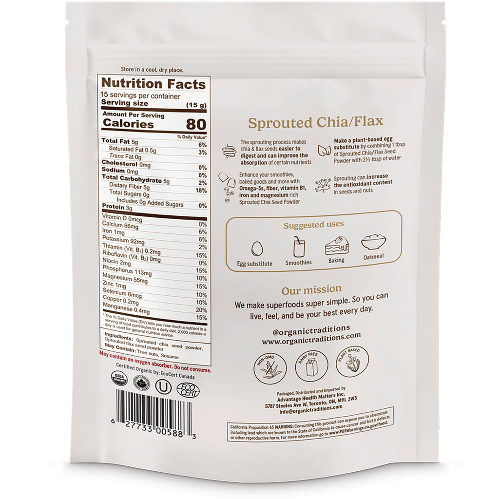 OTR086 | Back of white resealable pouch showing Nutrition Facts, Sprouted Chia/Flax label, suggested uses and barcode - Thumbnail