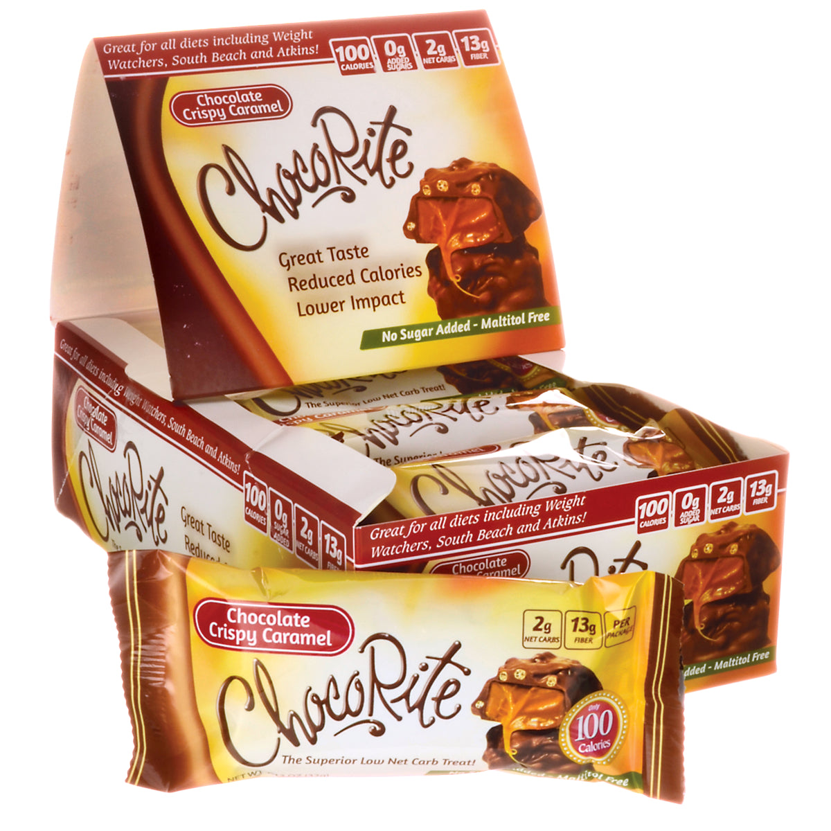 CHR006 | box of ChocoRite Chocolate Crispy Caramel bars showing front packaging and wrapped bars