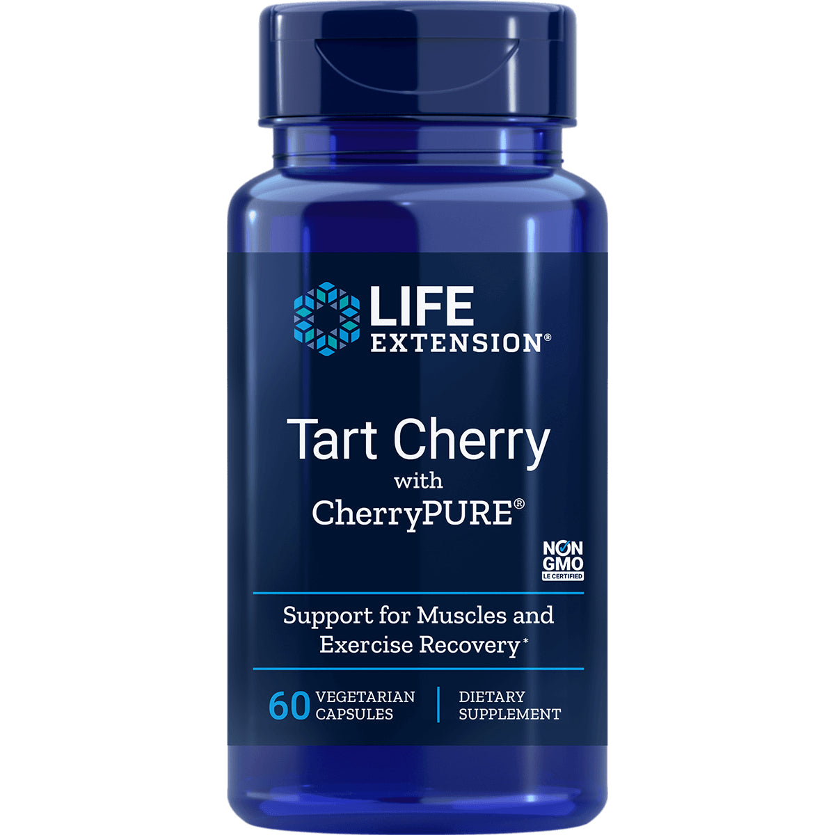 LE403 | Blue Life Extension bottle labeled Tart Cherry with CherryPURE, support for muscle and exercise recovery, 60 vegetarian capsules