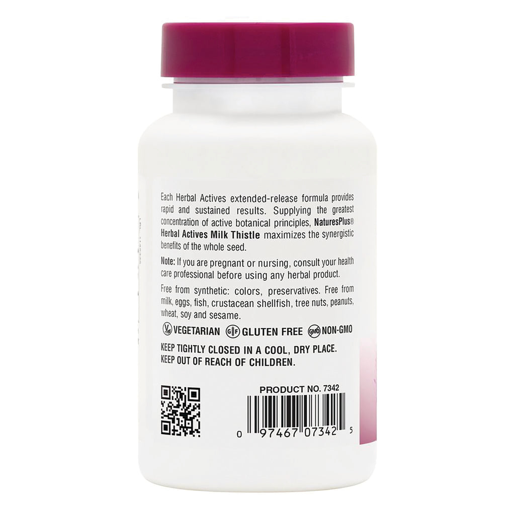 NTP020 | Back label of Nature's Plus Herbal Actives Milk Thistle bottle with product details, warnings, and barcode - Thumbnail