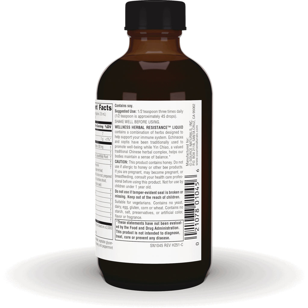 SN227 | Back label of Wellness Herbal Resistance liquid bottle with supplement facts, suggested use, cautions, and barcode - Thumbnail