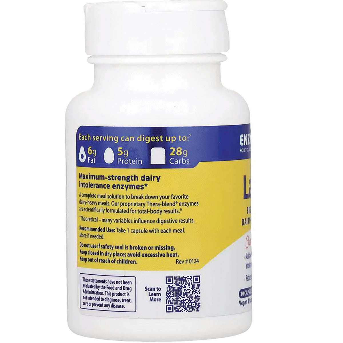 EMD014 | Back label of white supplement bottle showing maximum-strength dairy intolerance enzymes text, usage directions, and QR code
