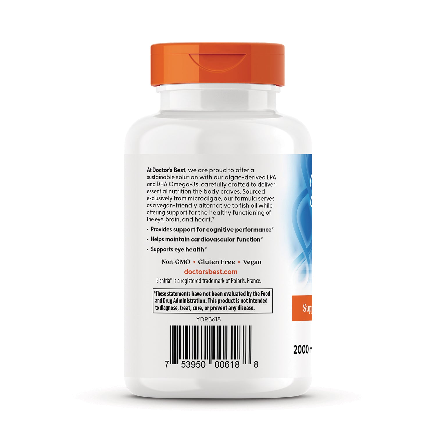 DB301 | Back label of white supplement bottle with orange cap showing product claims, barcode, and disclaimer text