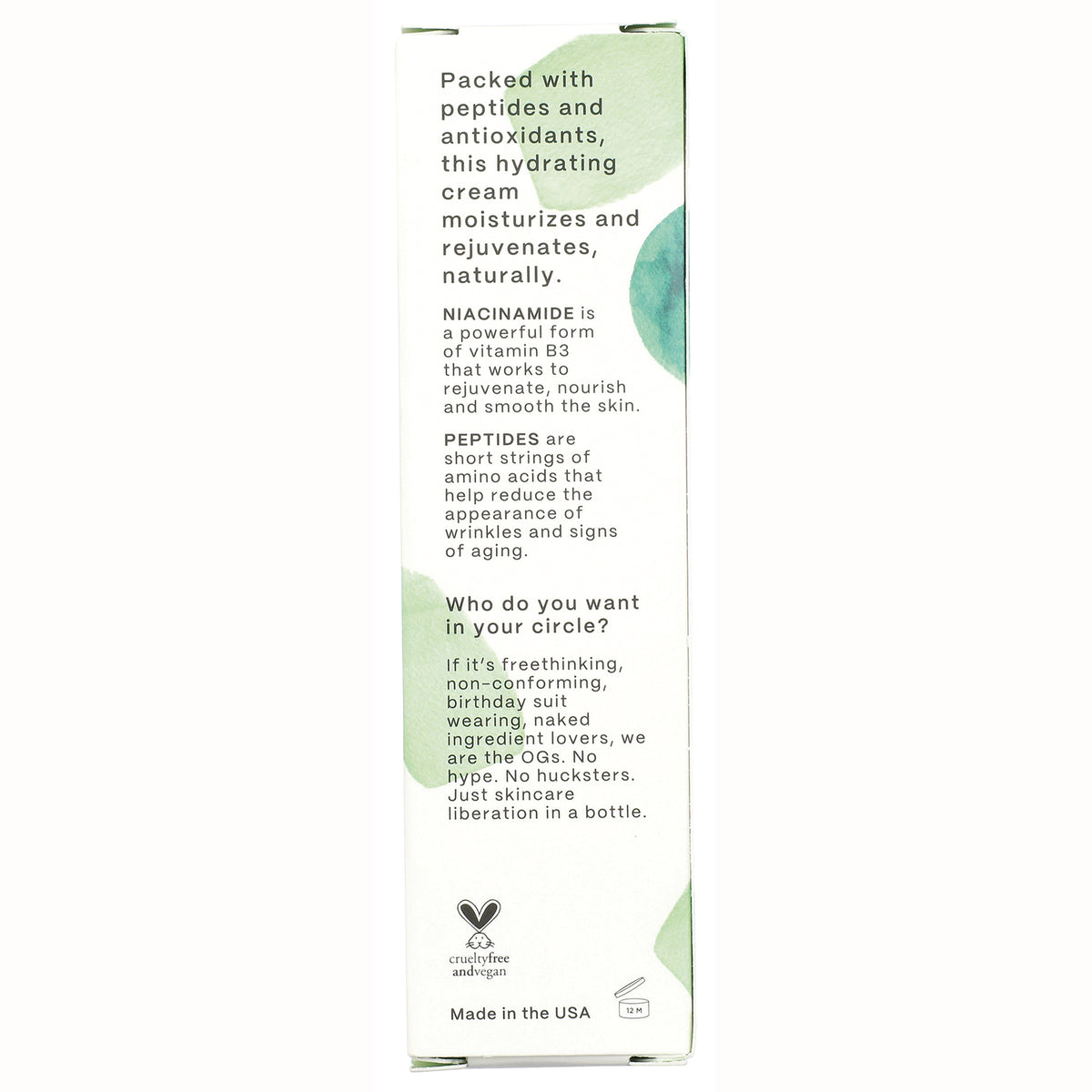 Back panel of skincare cream box showing text about peptides and niacinamide, cruelty free icon, and Made in the USA