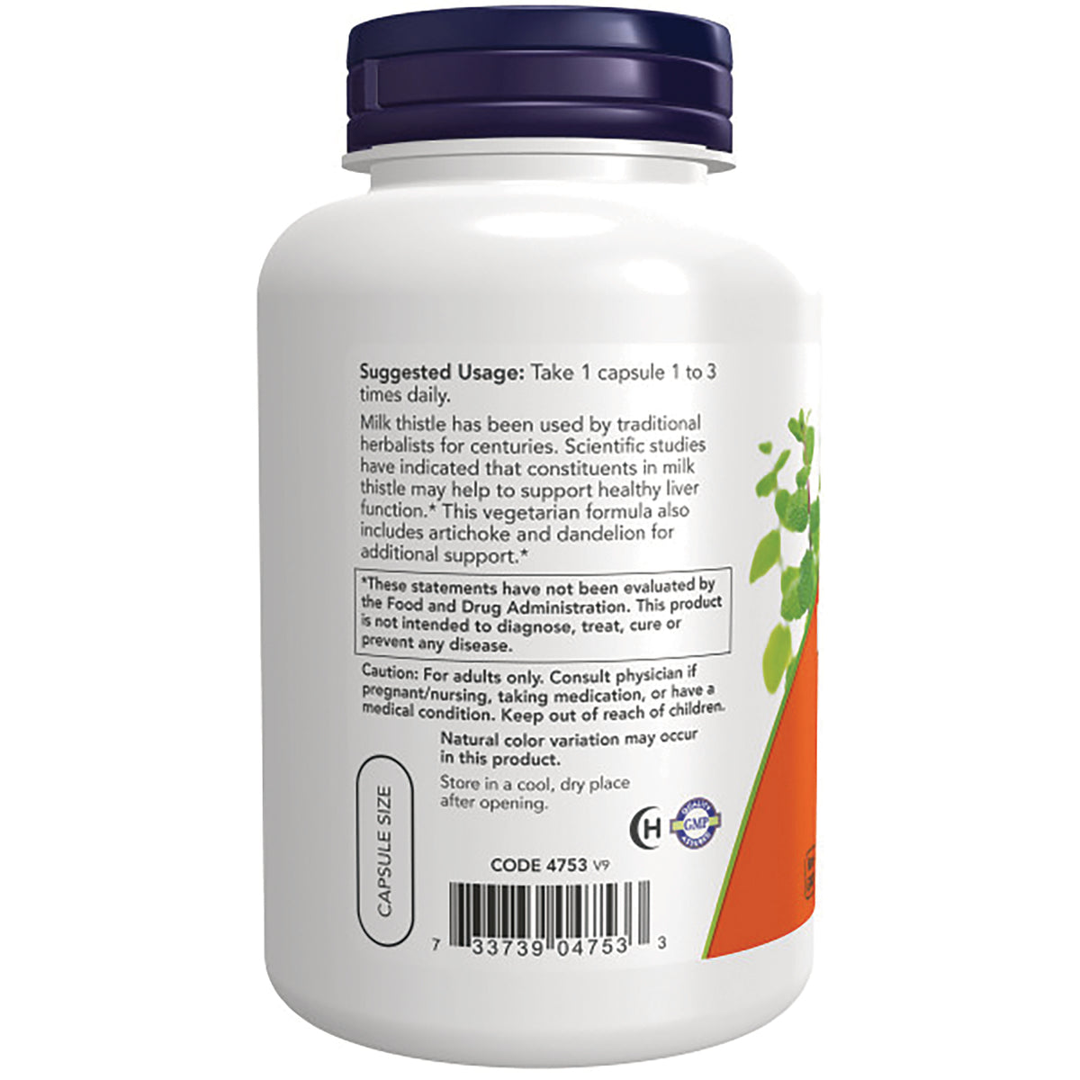 NWF571 | back label of white supplement bottle showing suggested usage, caution text, and barcode