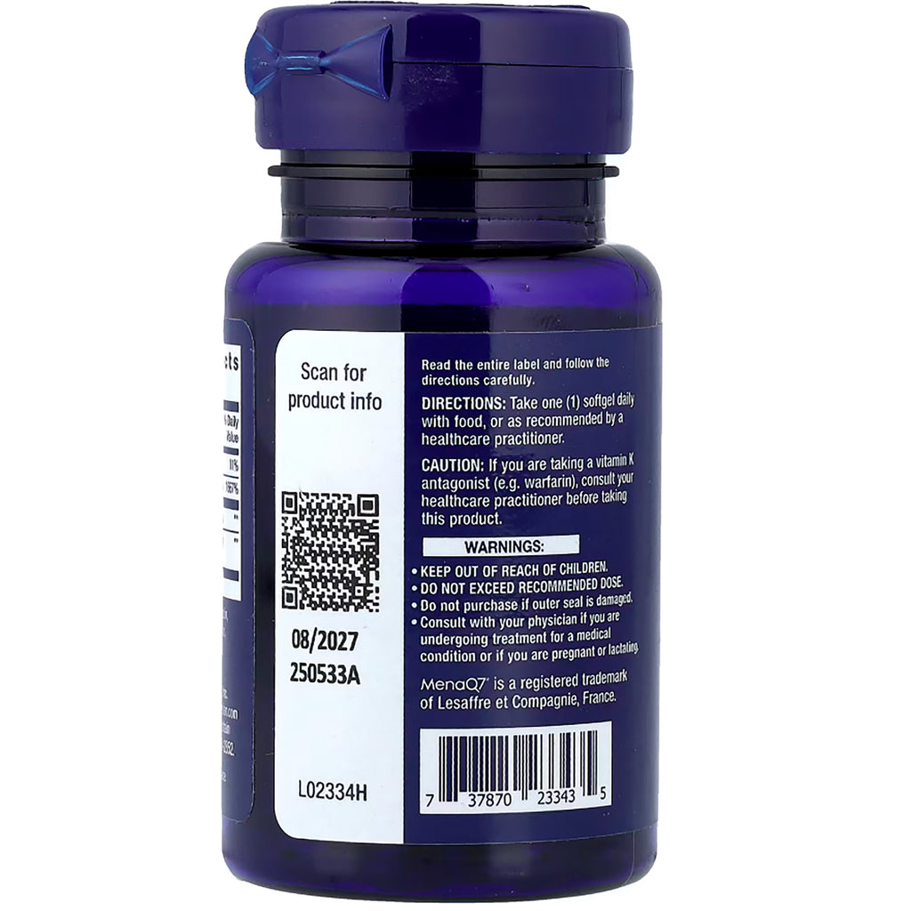 LE472 | Back of blue supplement bottle showing directions, warnings, QR code and barcode - Thumbnail