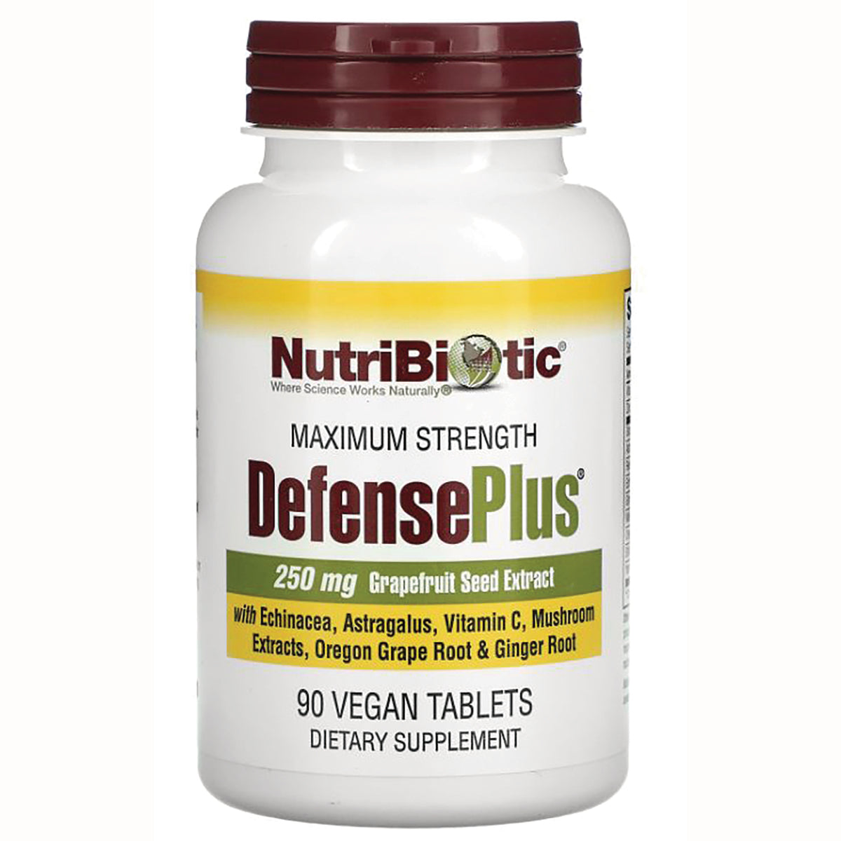NUB001 | NutriBiotic DefensePlus maximum strength grapefruit seed extract 250 mg bottle, 90 vegan tablets