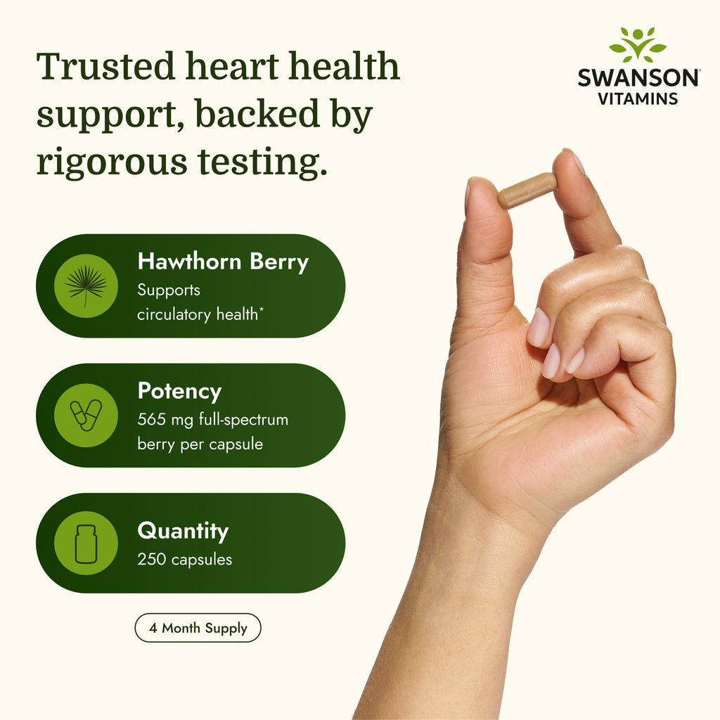 SW773 | Swanson Hawthorn Berry bottle labeled 565 mg per capsule, 250 capsules; blood circulation support and antioxidants - Thumbnail