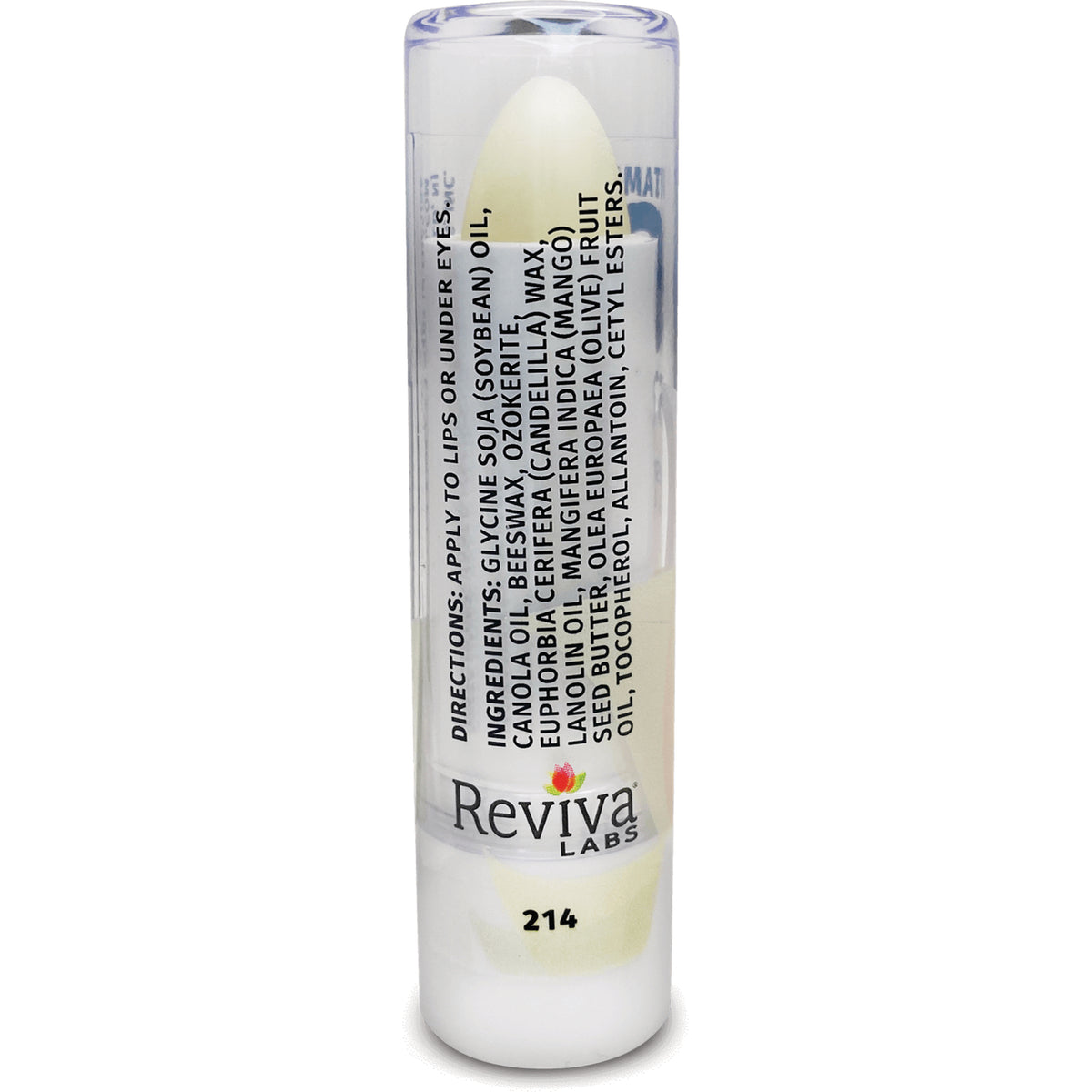 RV101 | Back of clear Reviva Labs lip balm tube showing ingredients and directions text, Reviva Labs logo and printed number 214