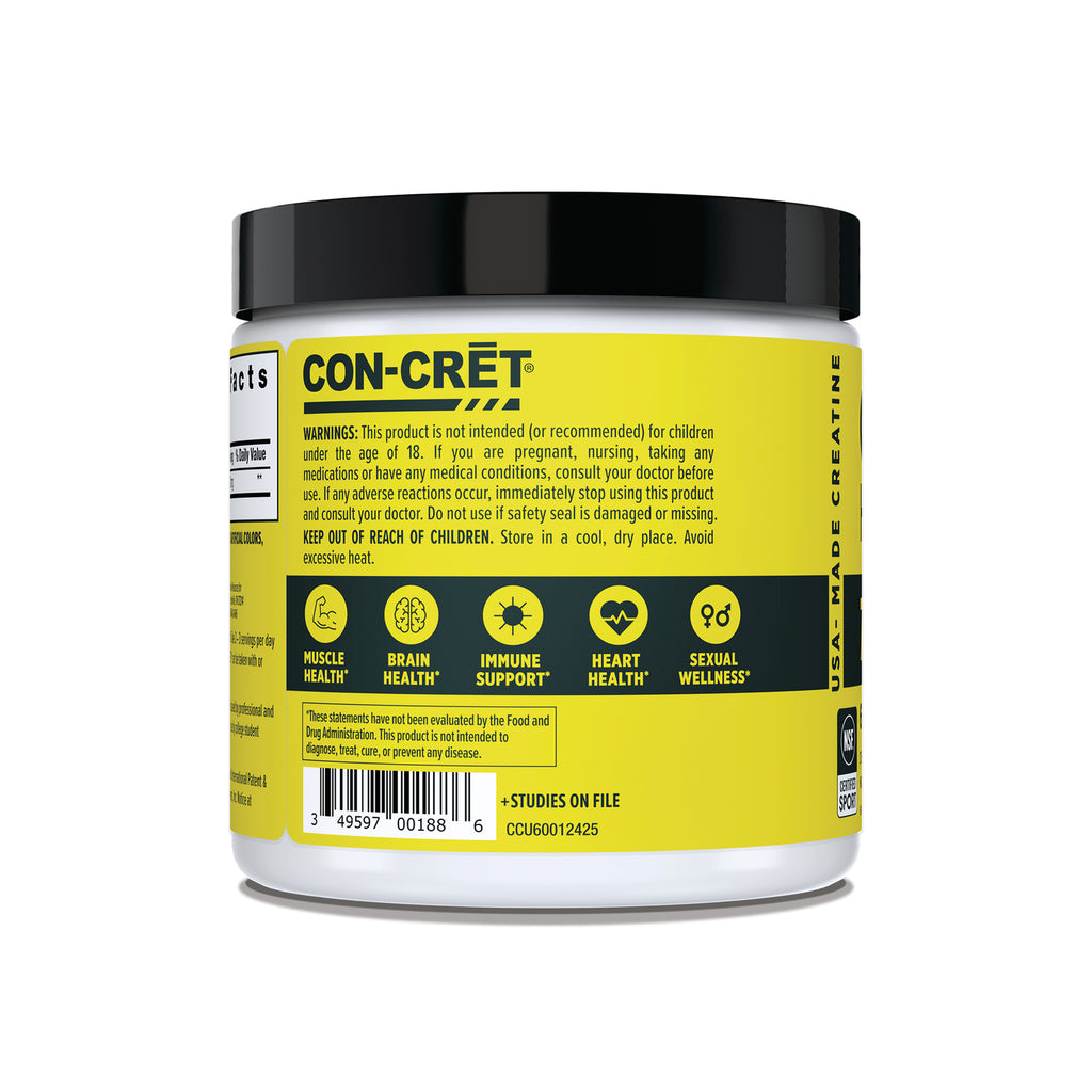 CNC005 | CON-CRET supplement jar shown from the back with warnings, benefits icons, and barcode - Thumbnail