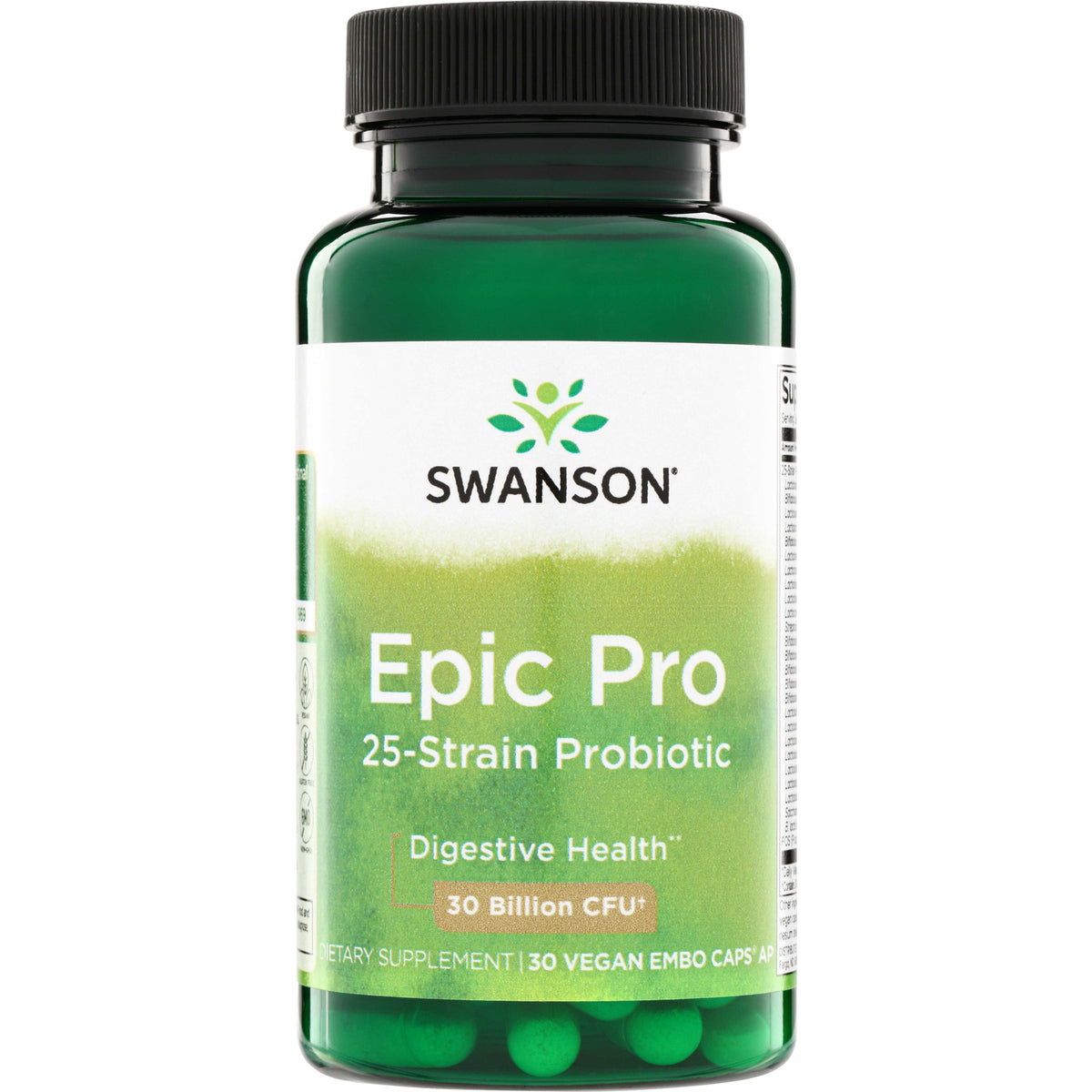 SWA030 | Swanson Epic Pro 25-Strain Probiotic bottle front, Digestive Health, 30 Billion CFU+, 30 vegan capsules