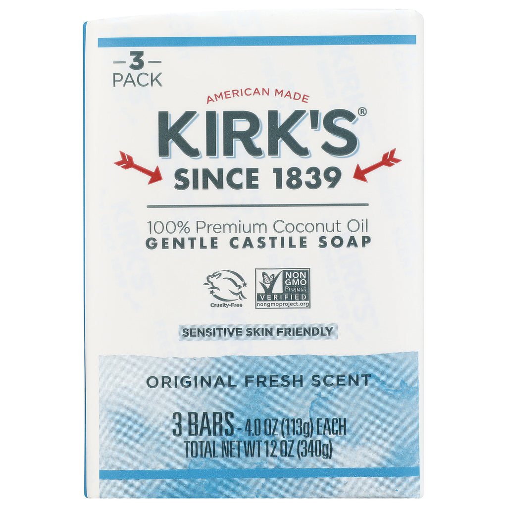 KIR012 | Kirk's Gentle Castile Soap 3-pack front packaging, original fresh scent, 3 bars total net wt 12 oz - Thumbnail