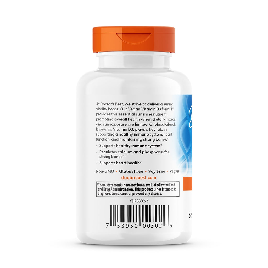 DB232 | Back label of Doctor's Best Vegan D3 bottle showing product description, supplement facts text, barcode and QR code - Thumbnail