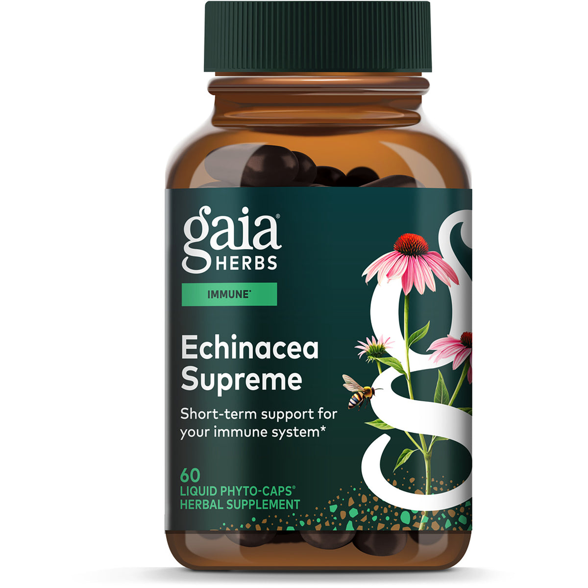 GH007 | Gaia Herbs Echinacea Supreme supplement bottle front showing floral label and 60 vegan liquid phyto-caps