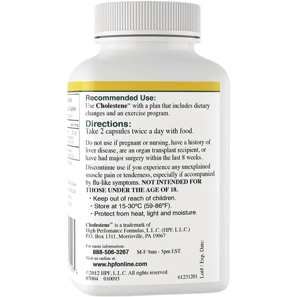 HRG005 | Back label of white supplement bottle showing Recommended Use and Directions: Take 2 capsules twice a day with food