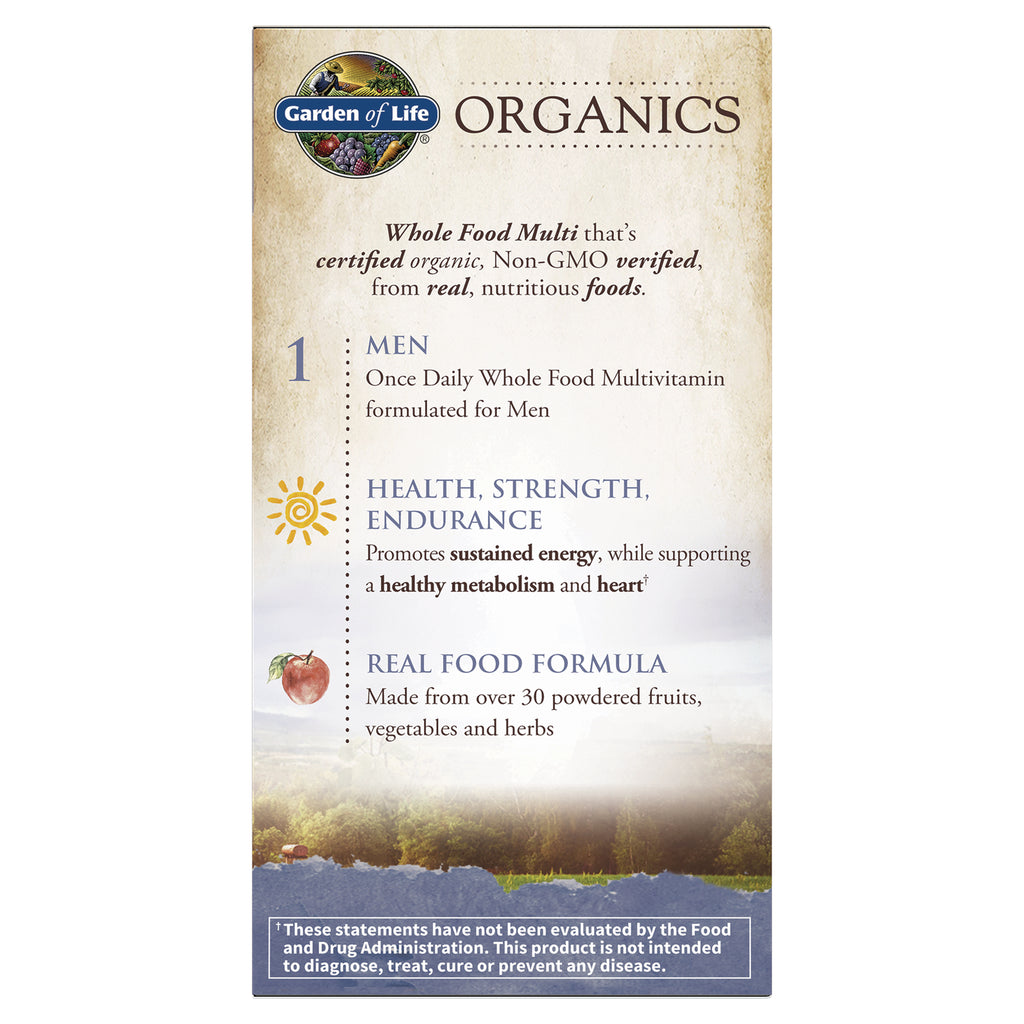 GLF183 | Product infographic for Garden of Life Organics men's whole food multivitamin highlighting health, endurance, real food formula - Thumbnail