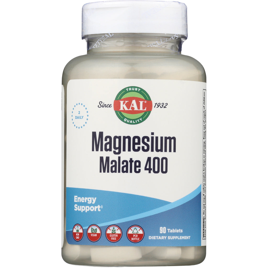 KL469 | KAL Magnesium Malate 400 supplement bottle front showing label, 90 tablets, Energy Support - Thumbnail