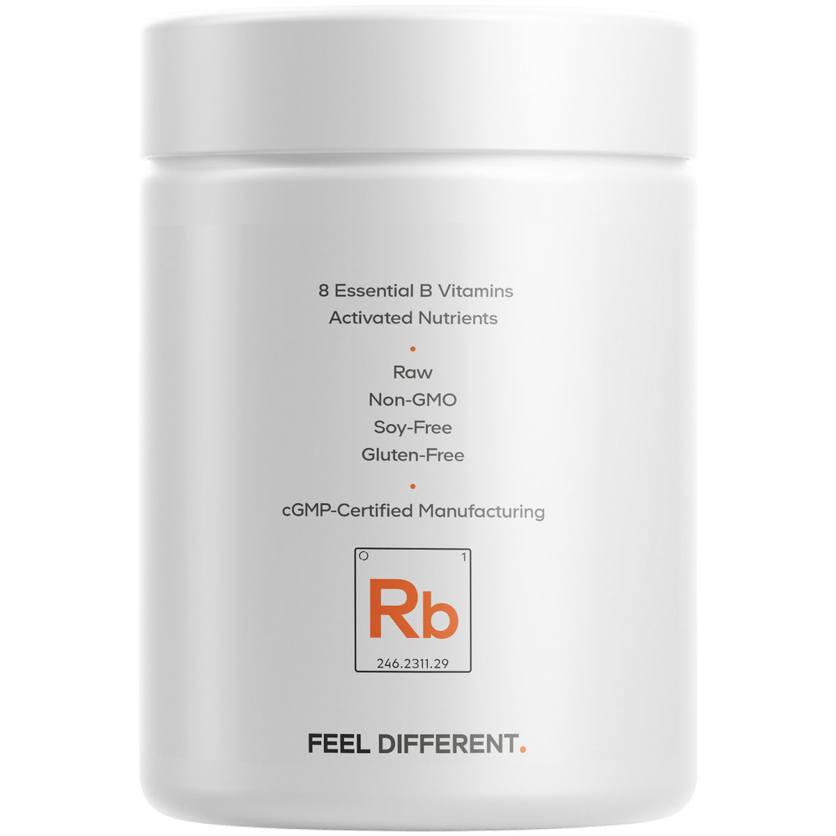 CDG068 | Back label of white supplement jar listing 8 Essential B Vitamins; Raw, Non-GMO, Soy-Free, Gluten-Free; cGMP-Certified Manufacturing