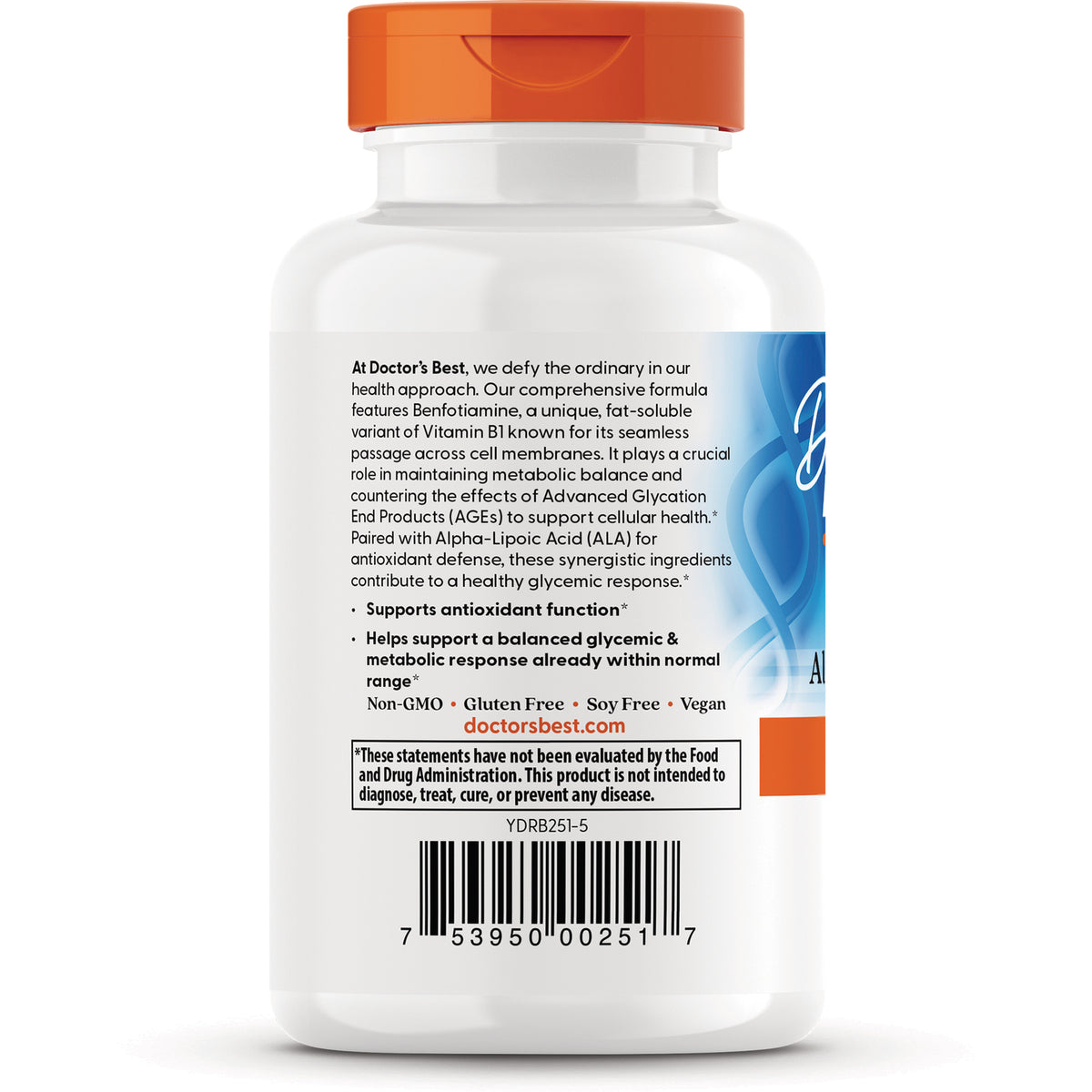 DB186 | back label of white supplement bottle showing product description, benefits, barcode, and doctorsbest.com