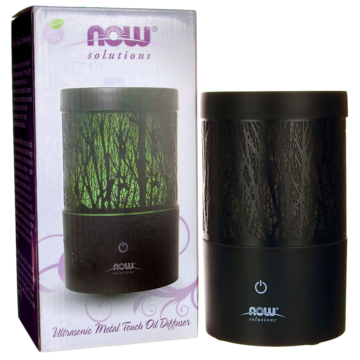 NWF1289 | Black metal ultrasonic touch oil diffuser with tree cutout design next to NOW Solutions packaging