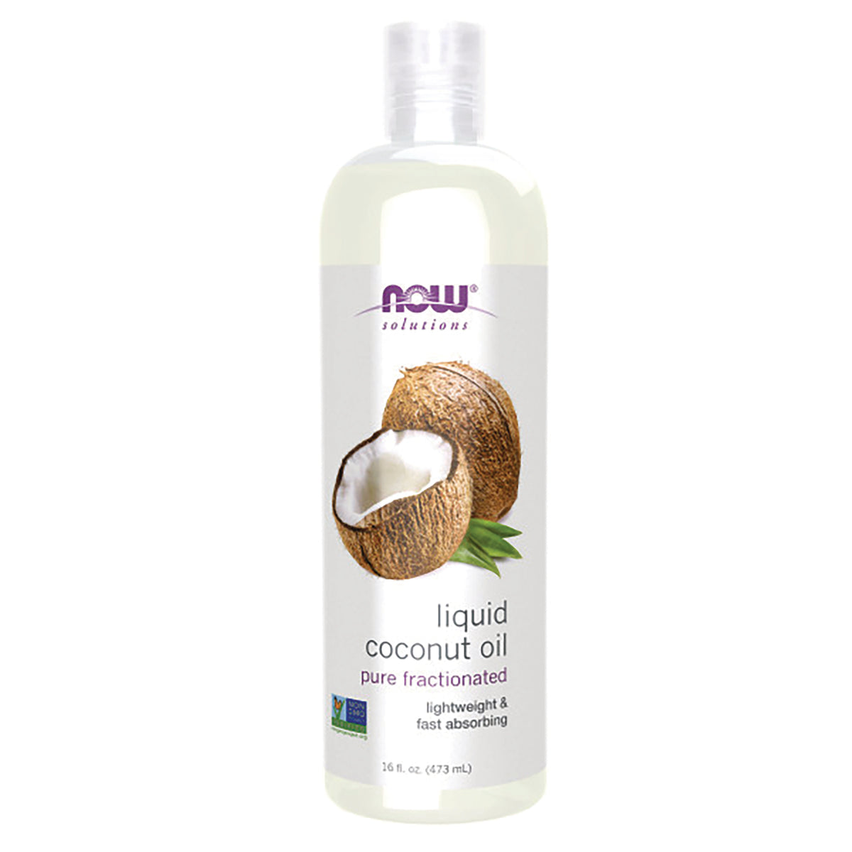 NWF1264 | NOW Solutions liquid coconut oil bottle, front label with halved coconut graphic