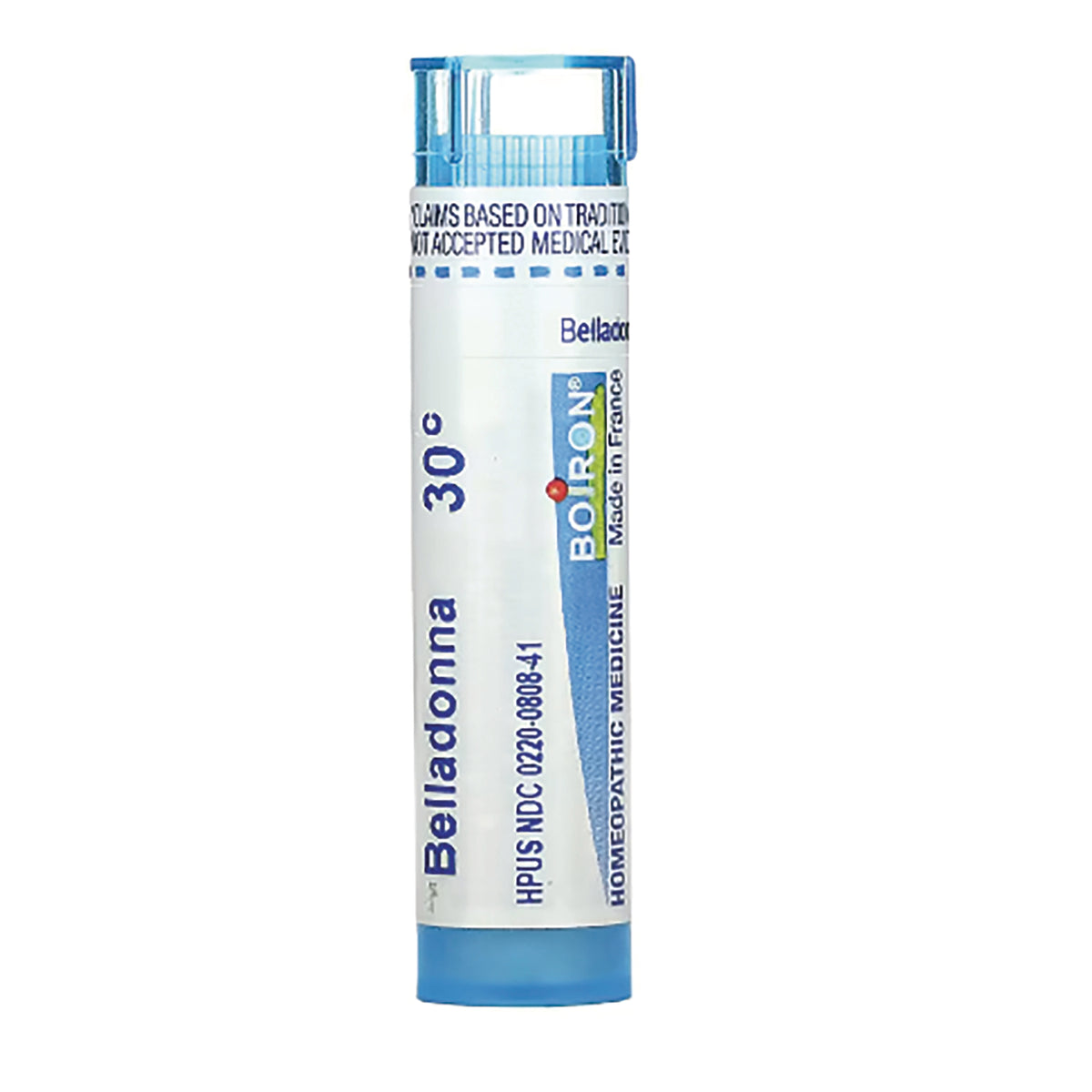BRN058 | white and blue homeopathic pellet tube labeled Belladonna 30C with blue childproof cap