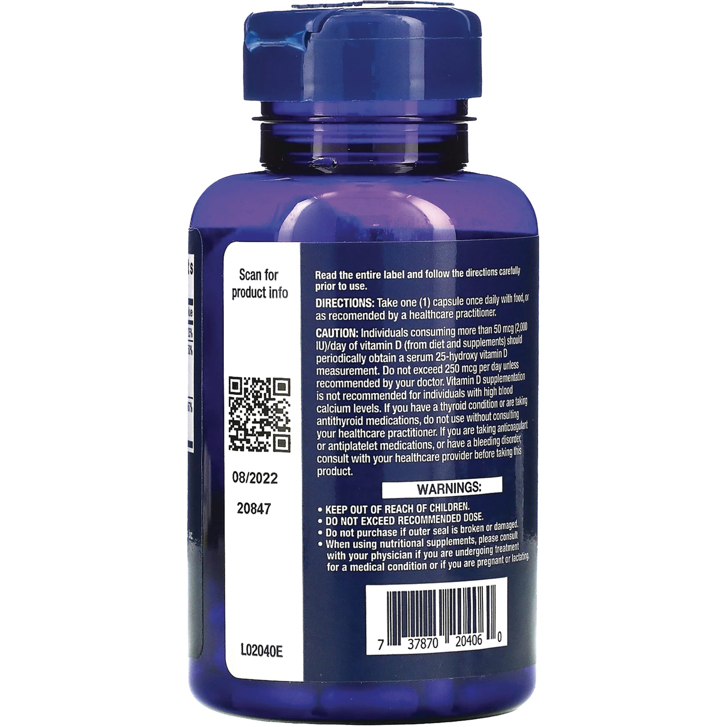 LE438 | Back of blue supplement bottle showing directions, warnings, QR code, barcode, and expiration 08/2022