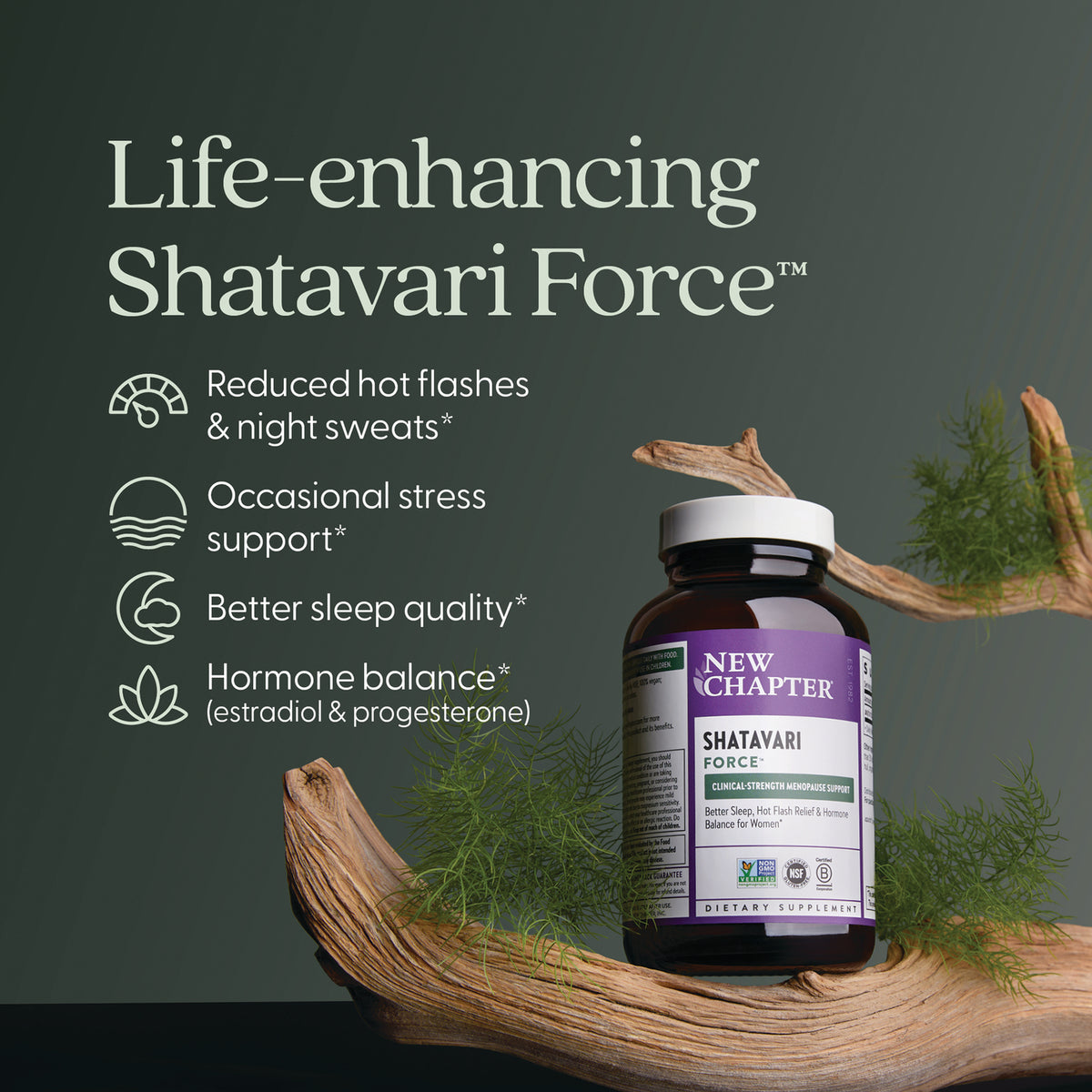 NWC398 | New Chapter Shatavari Force supplement infographic with benefits for hot flashes, stress, sleep, and hormone balance