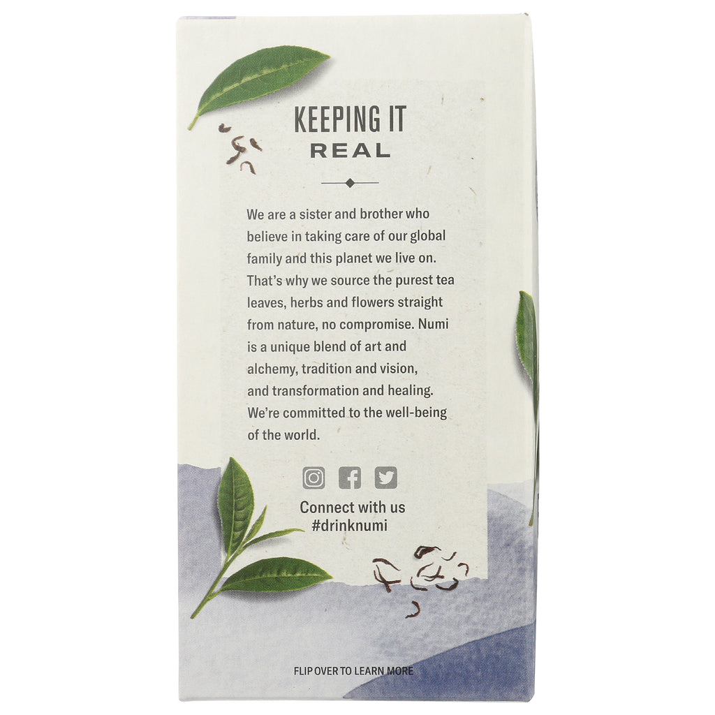 NUM007 | Back of tea box showing KEEPING IT REAL heading, company story text and Connect with us #drinknumi - Thumbnail